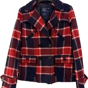 American Eagle Outfitters Women's Red Plaid Pea Coat Size Medium